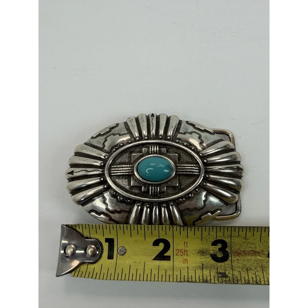 Southwest Style Fashion Belt Buckle Oval Silver Tone + Faux Turquoise Ivan Metal